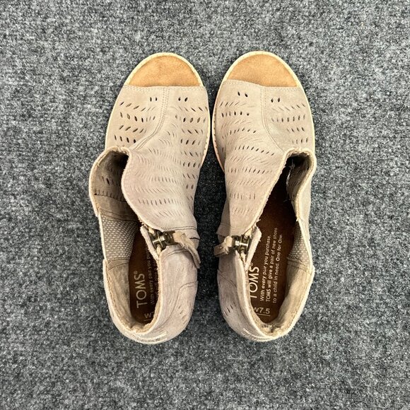 Toms Majorca Peep Toe Booties Womens 7.5 Taupe Suede Perforated Leaf Ankle Boots - Picture 8 of 13